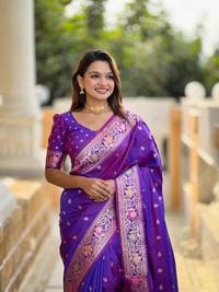PAITHANI_HOUSE299 Elegant Banarasi Silk Saree with Meenakari Motifs & Contrast Blouse Piece- BANARASI - 5 - VIOLET