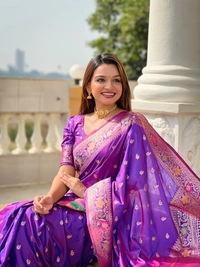 PAITHANI_HOUSE299 Elegant Banarasi Silk Saree with Meenakari Motifs & Contrast Blouse Piece- BANARASI - 5 - VIOLET