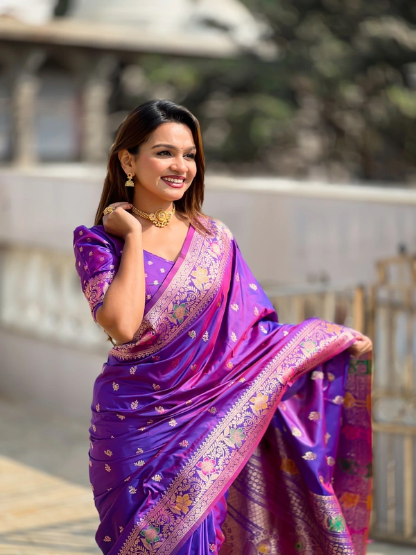 PAITHANI_HOUSE299 Elegant Banarasi Silk Saree with Meenakari Motifs & Contrast Blouse Piece- BANARASI - 5 - VIOLET