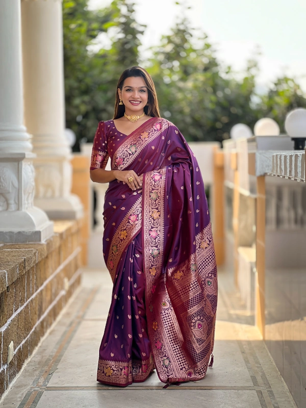 PAITHANI_HOUSE300 Elegant Banarasi Silk Saree with Meenakari Motifs & Contrast Blouse Piece- BANARASI - 5 - WINE