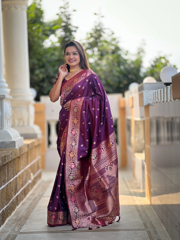 PAITHANI_HOUSE300 Elegant Banarasi Silk Saree with Meenakari Motifs & Contrast Blouse Piece- BANARASI - 5 - WINE