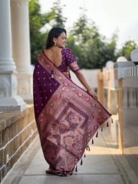 PAITHANI_HOUSE300 Elegant Banarasi Silk Saree with Meenakari Motifs & Contrast Blouse Piece- BANARASI - 5 - WINE