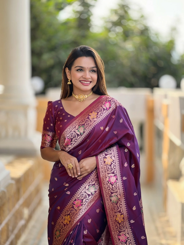 PAITHANI_HOUSE300 Elegant Banarasi Silk Saree with Meenakari Motifs & Contrast Blouse Piece- BANARASI - 5 - WINE