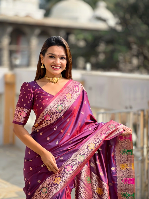 PAITHANI_HOUSE300 Elegant Banarasi Silk Saree with Meenakari Motifs & Contrast Blouse Piece- BANARASI - 5 - WINE