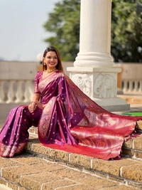 PAITHANI_HOUSE300 Elegant Banarasi Silk Saree with Meenakari Motifs & Contrast Blouse Piece- BANARASI - 5 - WINE