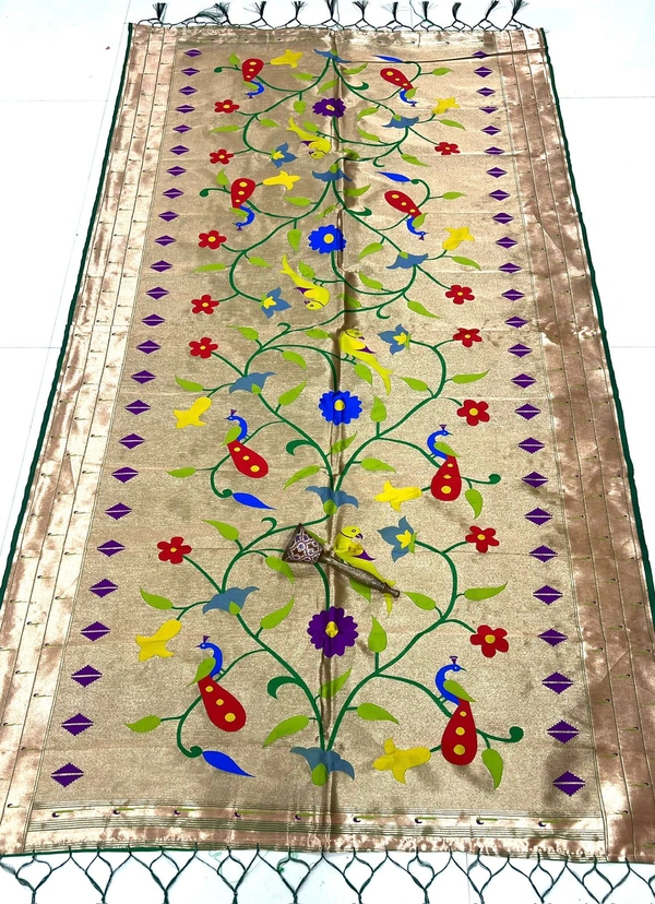 Elegant Copper Gold Paithani Silk Dupatta featuring Traditional Bird Motifs & Woven Zari Border - 2.5mt, C.GOLD