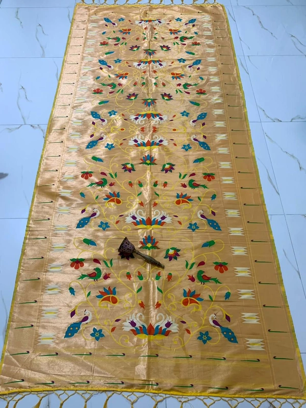 Elegant Golden Yellow Soft Silk Yeola Paithani Dupatta with Traditional Floral Zari Work - 2.5mt, Golden Yellow