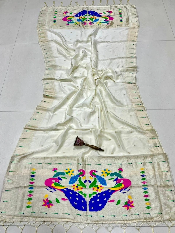 Elegant Ivory White Viscose Silk Dupatta featuring Subtle Zari Buti & Colorful Peacock - 2.5mt, White