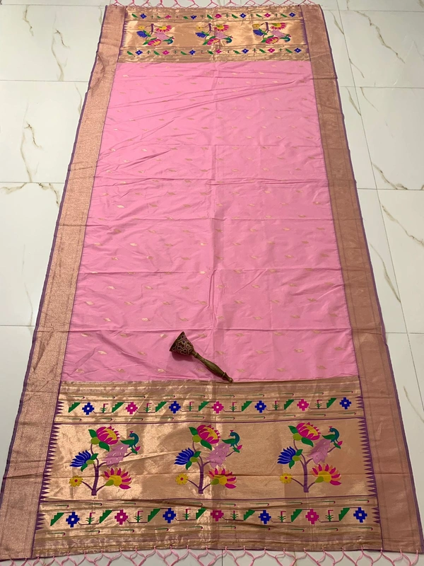 Elegant Light Pink Soft Silk Paithani Dupatta with Colorful Meenakari Motif - 2.5mt, Light Pink