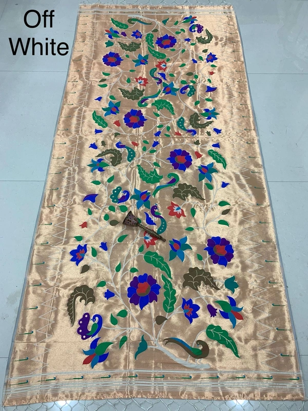 Elegant Off White Soft Silk with Rich Colorful Flower Vines and Traditional Zari Dupatta Set - 2.5mt, Off White