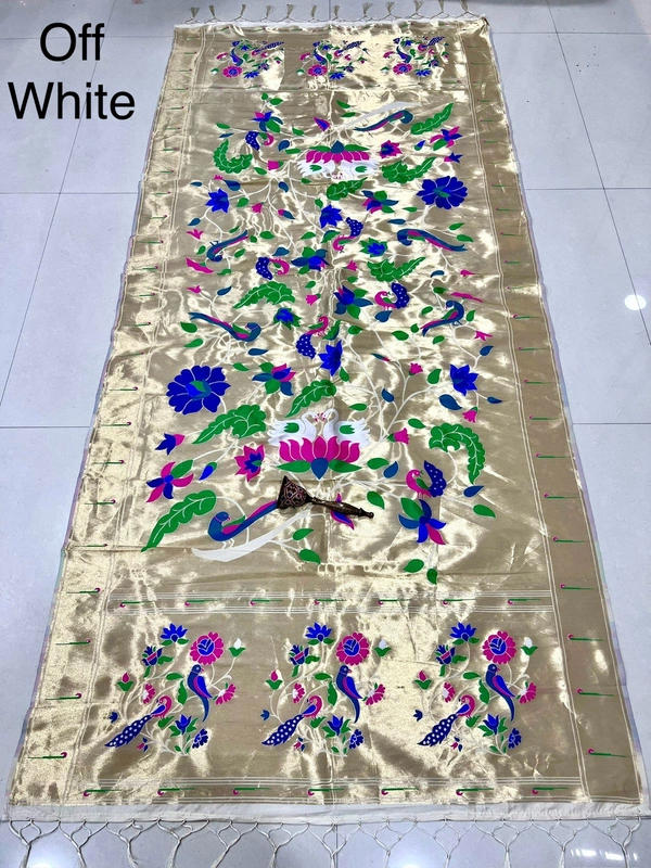 Elegant Off-White Soft Silk Paithani Dupatta with Full Tissue Zari Floral Pallu and Swan Details - 2.5mt, Off-White
