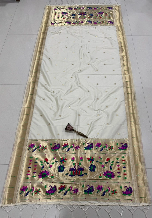 Elegant Off-White Soft Silk Paithani Dupatta with Royal Gold Border and Traditional Swan Motifs - 2.5mt, Off-White