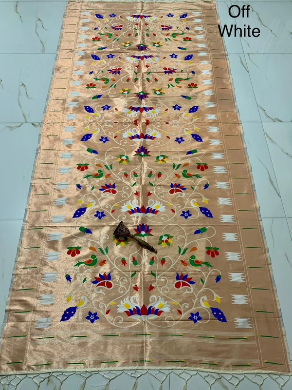 Elegant Off-White Soft Silk Paithani Dupatta with Rich Colorful Weaving Pattern - 2.5mt, Off-White