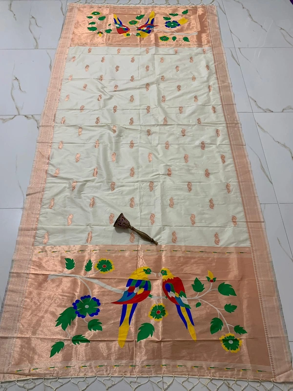 Elegant Off-White Soft Silk Yeola Paithani Dupatta with Rich Colorful Weaving Pattern - 2.5mt, Off-White