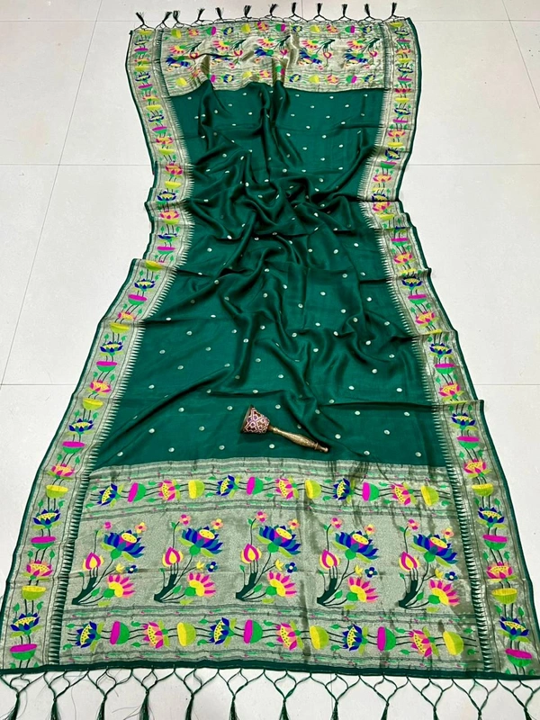Emerald Bottle Green Viscose Silk Dupatta with Golden Zari Buti & Colorful Floral Border - 2.5mt, Bottle Green