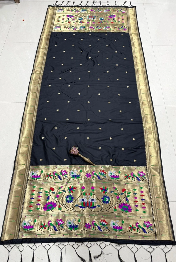 Exclusive Black Soft Silk Paithani Dupatta with Traditional Meenakari Style Golden Zari Pallu. - 2.5mt, Black