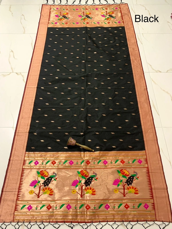 Exclusive Black Soft Silk Paithani Dupatta with Traditional Indian Weaving Work - 2.5mt, Black