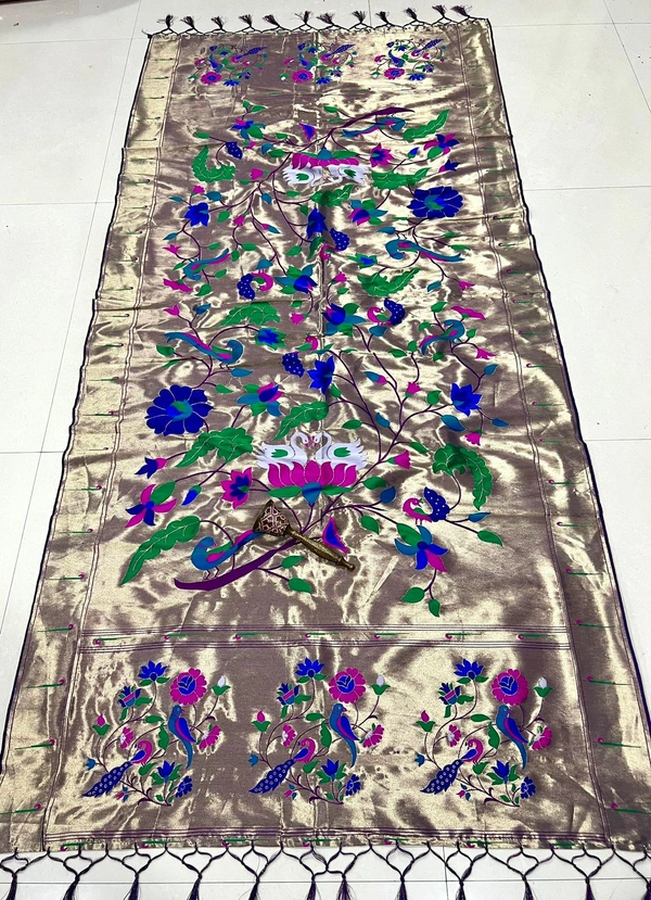 Exclusive Metallic Grey Soft Silk Paithani Dupatta with Heavy All-Over Tissue Zari Work - 2.5mt, Grey
