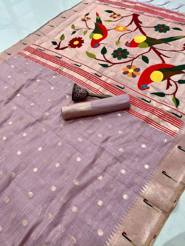 PAITHANI_HOUSE353 Exclusive Paithani Muga Cotton Saree | Rich Zari Weaving & Running Blouse - light purple