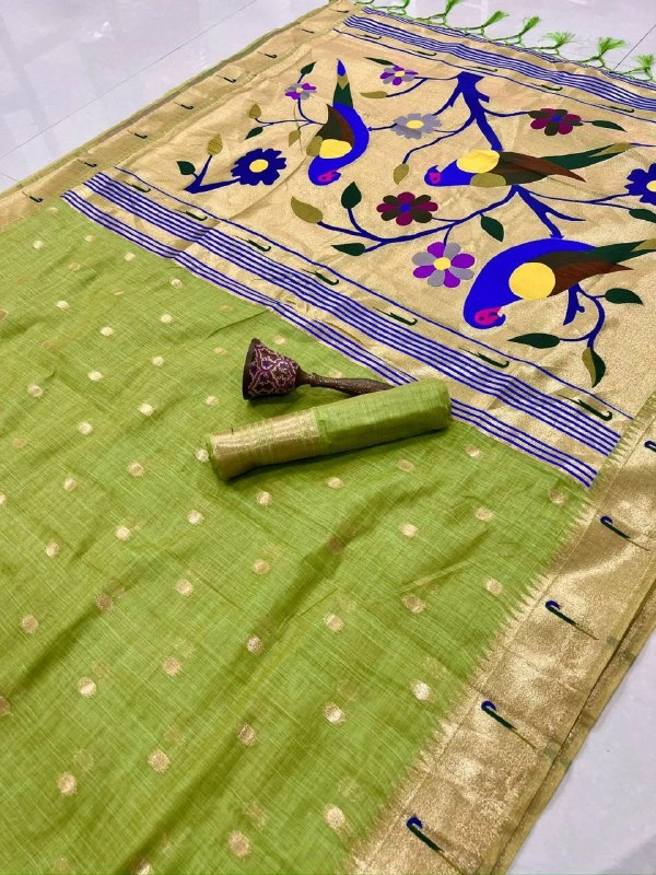 PAITHANI_HOUSE354 Exclusive Paithani Muga Cotton Saree | Rich Zari Weaving & Running Blouse - light green
