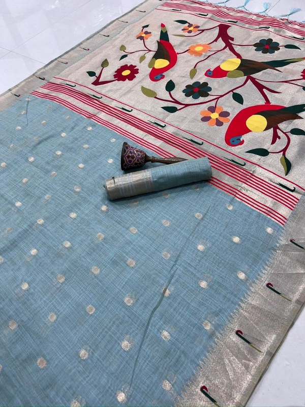 PAITHANI_HOUSE355 Exclusive Paithani Muga Cotton Saree | Rich Zari Weaving & Running Blouse - light blue