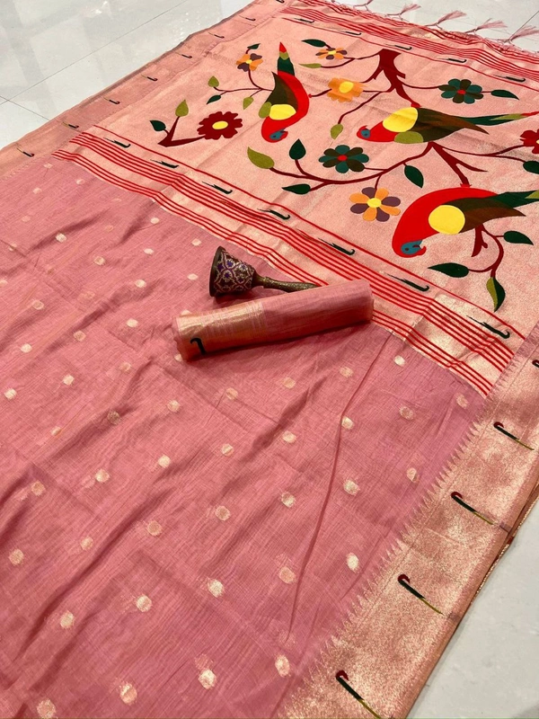 PAITHANI_HOUSE356 Exclusive Paithani Muga Cotton Saree | Rich Zari Weaving & Running Blouse - dusty rose