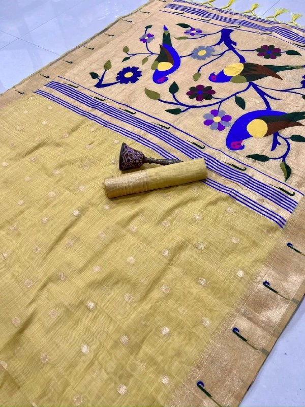 PAITHANI_HOUSE358 Exclusive Paithani Muga Cotton Saree | Rich Zari Weaving & Running Blouse - beige