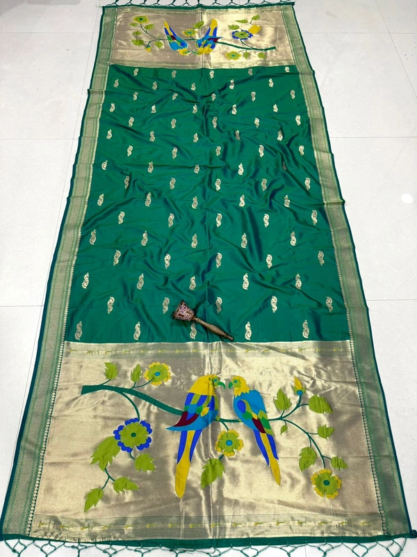 Exclusive Rama Green Soft Silk Yeola Paithani Dupatta with Rich Handloom Style Parrot - 2.5mt, Rama Green