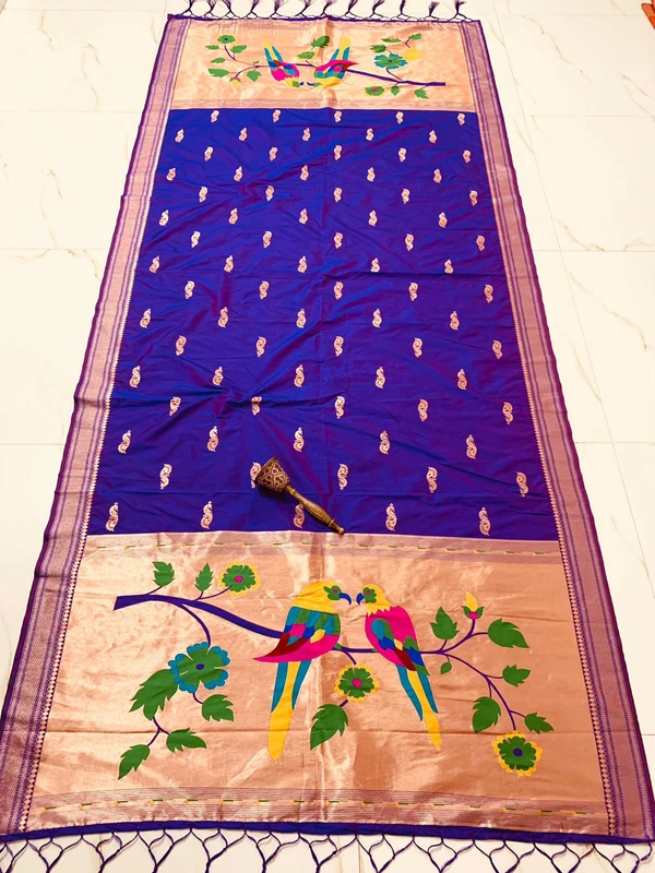 Exclusive Royal Blue Soft Silk Yeola Paithani Dupatta with Grand Meenakari Parrot - 2.5mt, Royal Blue