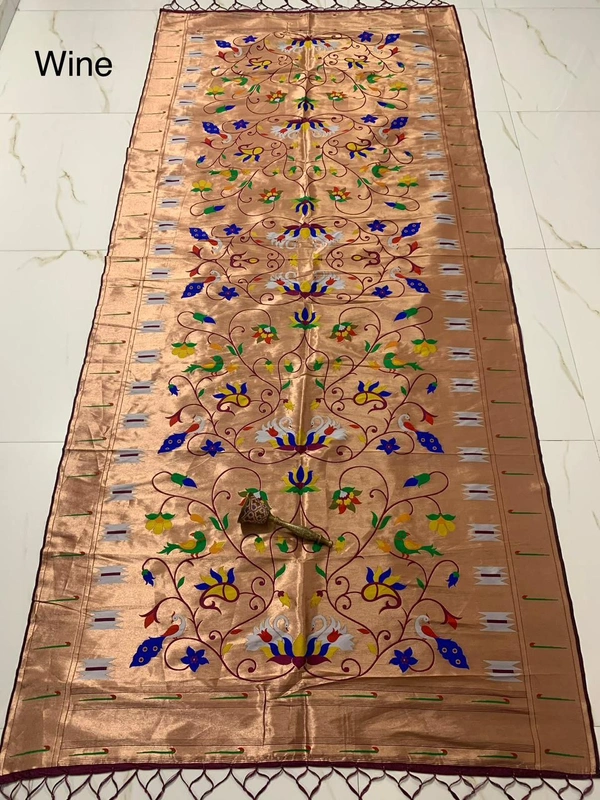 Exclusive Wine Colour Soft Silk Paithani Dupatta with Authentic Multi-Colour Motif - 2.5mt, Wine