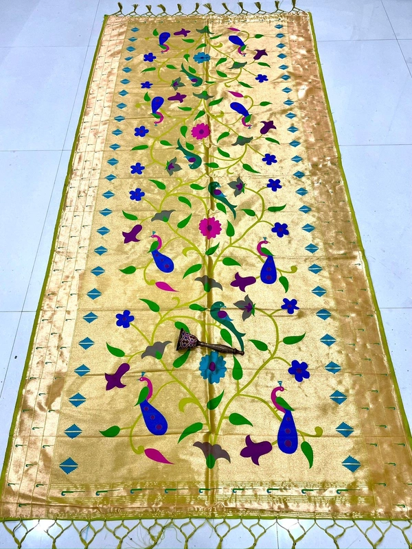 Festive Bright Gold Paithani Silk Saree with Rich Meenakari Jaal Weave & Royal Peacock Pallu.jpeg - 2.5mt, B.GOLD
