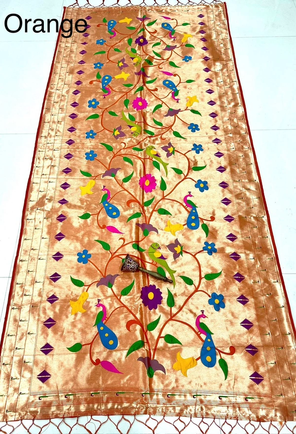 Festive Orange Paithani Art Silk Dupatta featuring Traditional Colorful Parrot & Floral Motifs - 2.5mt, ORANGE
