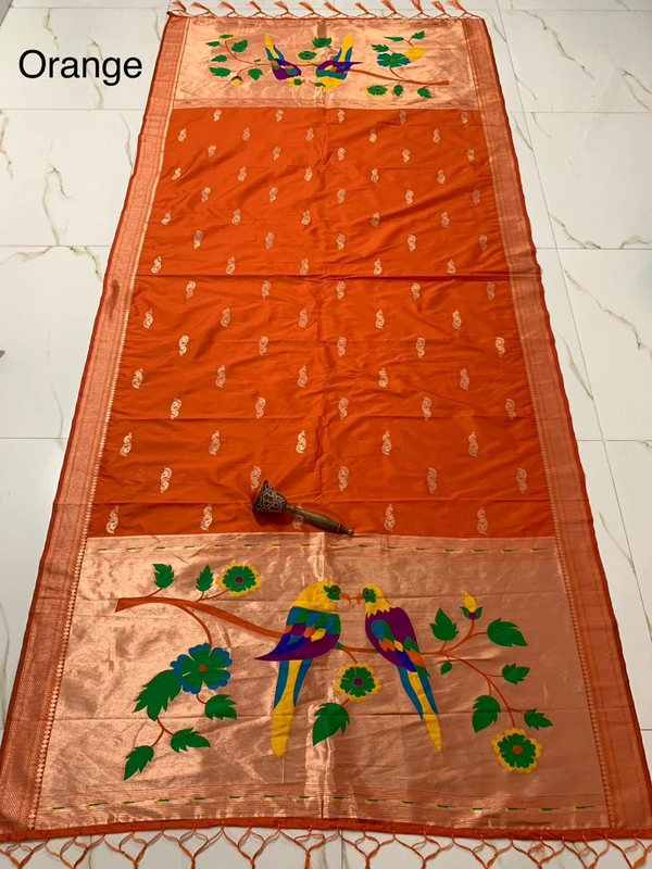 Festive Orange Soft Silk Paithani Dupatta with Traditional Parrot Motif Gold Tissue - 2.5mt, Orange