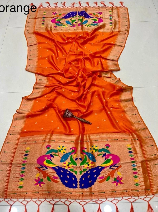 Festive Orange Viscose Silk Dupatta featuring Royal Golden Zari Weave & Peacock Motif - 2.5mt, Orange