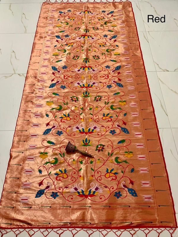 Festive Red Soft Silk Paithani Dupatta with Heavy Gold Tissue Peacock & Lotus - 2.5mt, Red