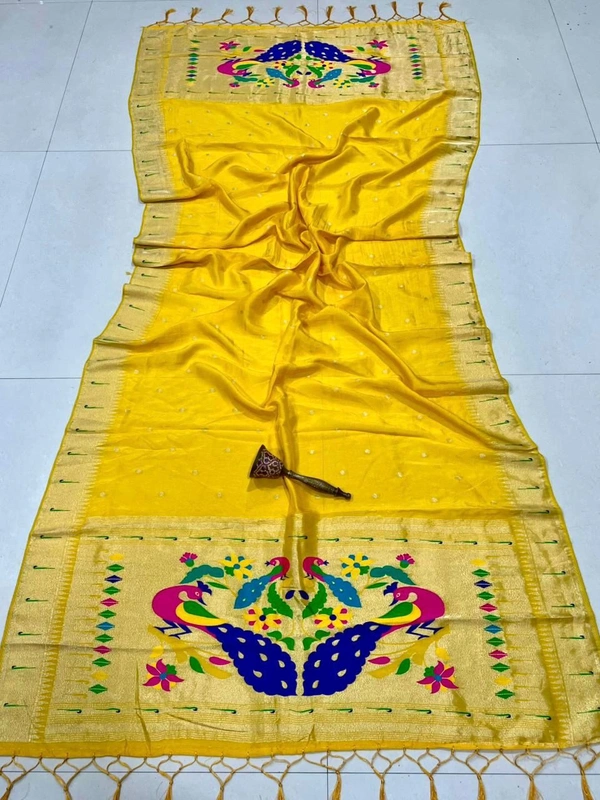 Festive Yellow Viscose Silk Dupatta featuring Golden Zari Butta & Vibrant Meenakari Peacock - 2.5mt, Yellow