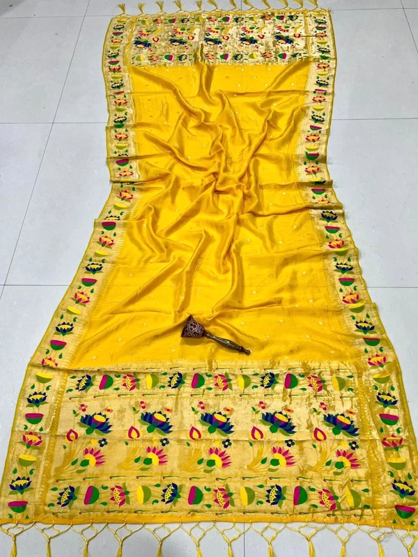 Festive Yellow Viscose Silk Dupattafeaturing Golden Zari Butta & Colorful Lotus Border - 2.5mt, Yellow
