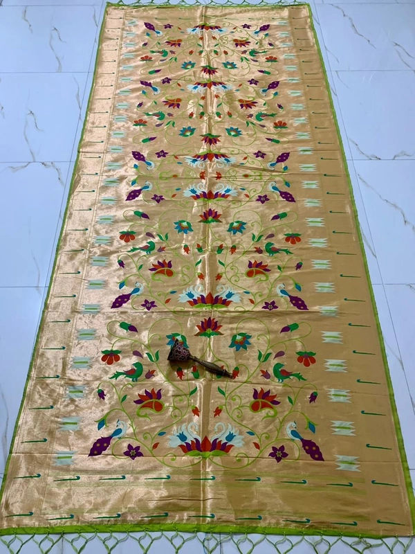 Fresh Parrot Green Soft Silk Yeola Paithani Dupatta with Authentic Multi-Colour Motif - 2.5mt, Parrot Green