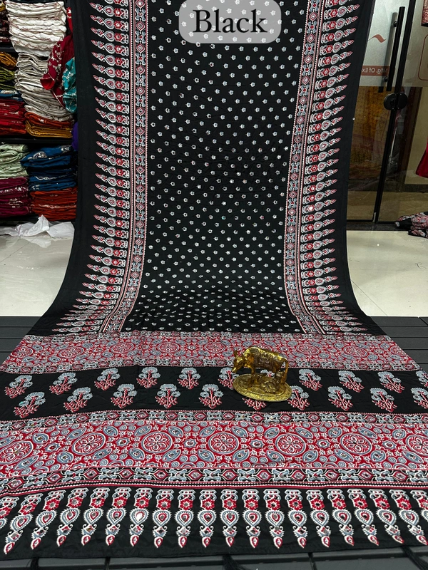 Gargi Classic Black Ajrakh Saree with Delicate White Floral Bootis and Heavy Festive Red Block Printed Pallu - Free, Black
