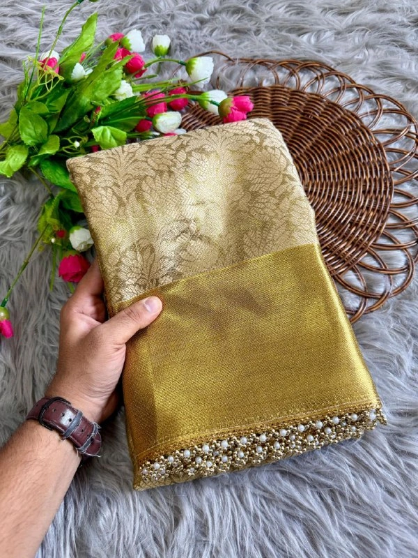 "Golden Tissue Silk Saree with Ghungroo & Pearl Border | Floral Motifs & Brocade Blouse | Party Wear - FREE, GOLDEN