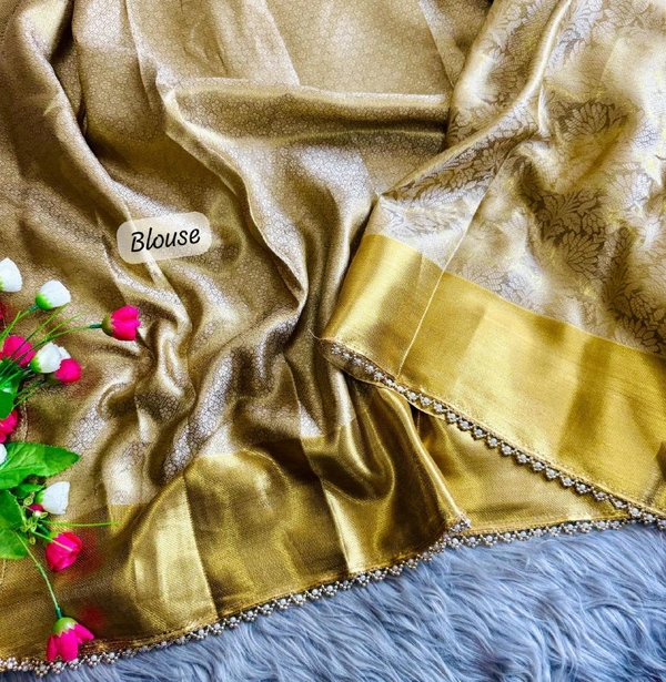 "Golden Tissue Silk Saree with Ghungroo & Pearl Border | Floral Motifs & Brocade Blouse | Party Wear - FREE, GOLDEN