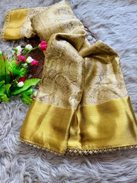 "Golden Tissue Silk Saree with Ghungroo & Pearl Border | Floral Motifs & Brocade Blouse | Party Wear - FREE, GOLDEN