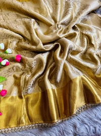 "Golden Tissue Silk Saree with Ghungroo & Pearl Border | Floral Motifs & Brocade Blouse | Party Wear - FREE, GOLDEN