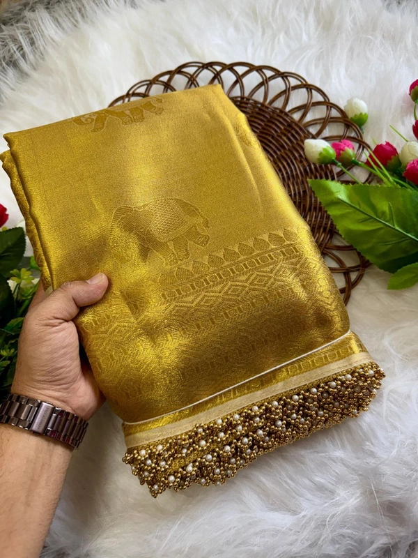 Golden Tissue Silk Saree with Pearl & Ghungroo Border � Rekha Ji Inspired - FREE, GOLDEN