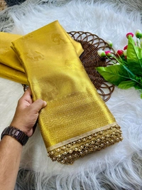 Golden Tissue Silk Saree with Pearl & Ghungroo Border � Rekha Ji Inspired - FREE, GOLDEN