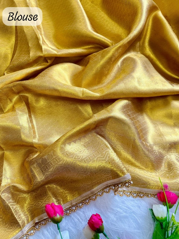 Golden Tissue Silk Saree with Pearl & Ghungroo Border � Rekha Ji Inspired - FREE, GOLDEN