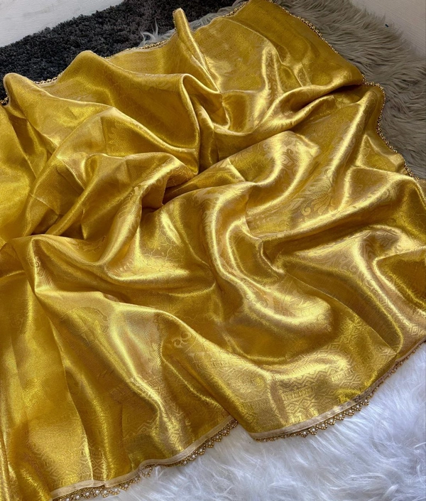 Golden Tissue Silk Saree with Pearl & Ghungroo Border � Rekha Ji Inspired - FREE, GOLDEN