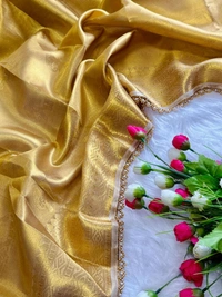 Golden Tissue Silk Saree with Pearl & Ghungroo Border � Rekha Ji Inspired - FREE, GOLDEN