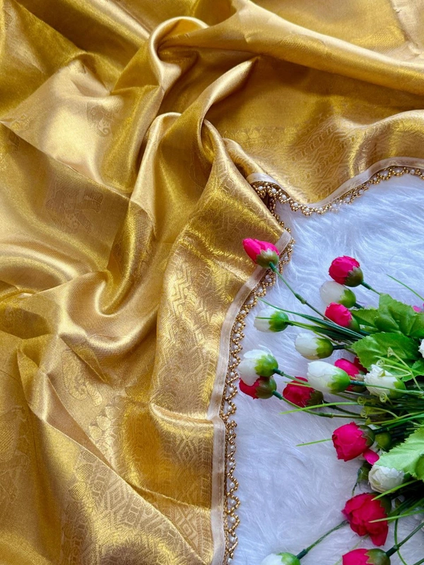 Golden Tissue Silk Saree with Pearl & Ghungroo Border � Rekha Ji Inspired - FREE, GOLDEN
