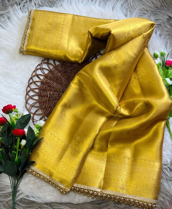 Golden Tissue Silk Saree with Pearl & Ghungroo Border � Rekha Ji Inspired - FREE, GOLDEN